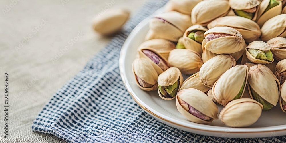 Closeup of roasted pistachio nuts on a white plate in lower right corner with textured blue cloth background and natural lighting effects Closeup of roasted pistachio nuts on a white plate in lower right corner with textured blue cloth background and natural lighting effects