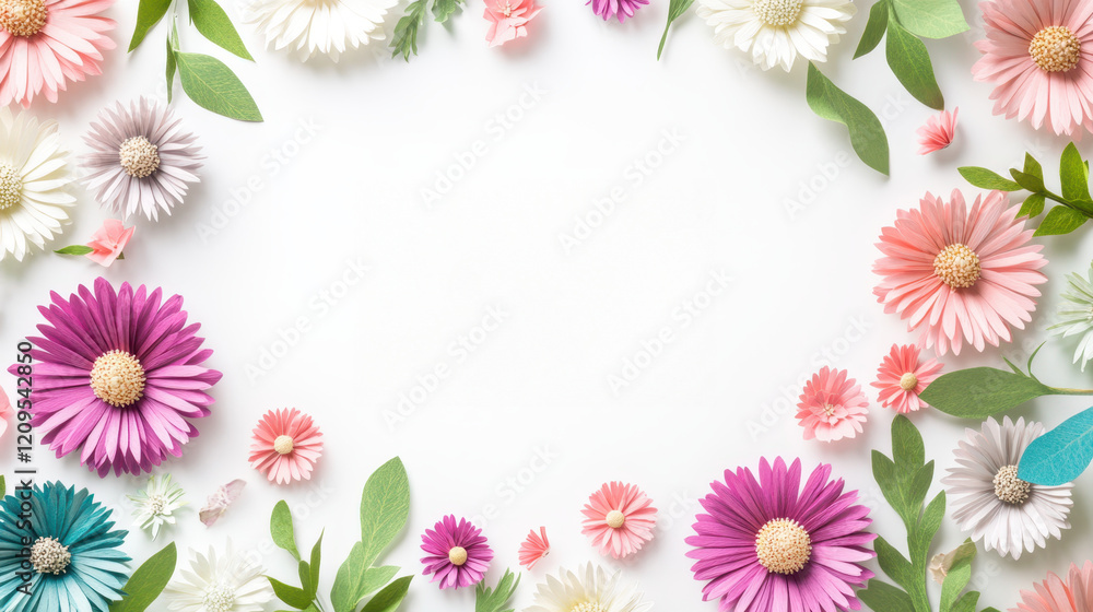 Floral Frame: A vibrant floral frame composed of delicate paper flowers in shades of pink, purple, and white, arranged in a circular pattern. Floral Frame: A vibrant floral frame composed of delicate paper flowers in shades of pink, purple, and white, arranged in a circular pattern.