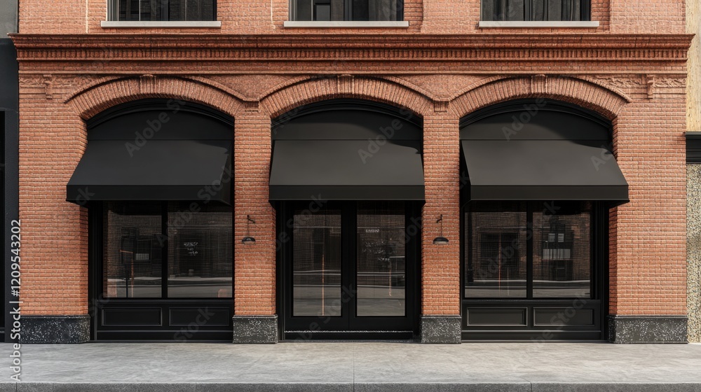 Fototapeta premium Old brick shop with black and brown awnings, large windows, and blank wall space for advertising mockups