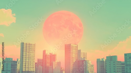Panoramic view of towering skyscrapers during sunrise in a modern city, designed in a pop art retro comic style with vintage color effects