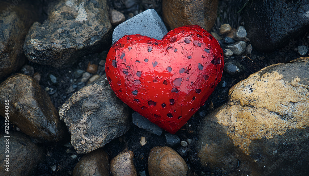 Obraz premium One red decorative heart on stones, above view