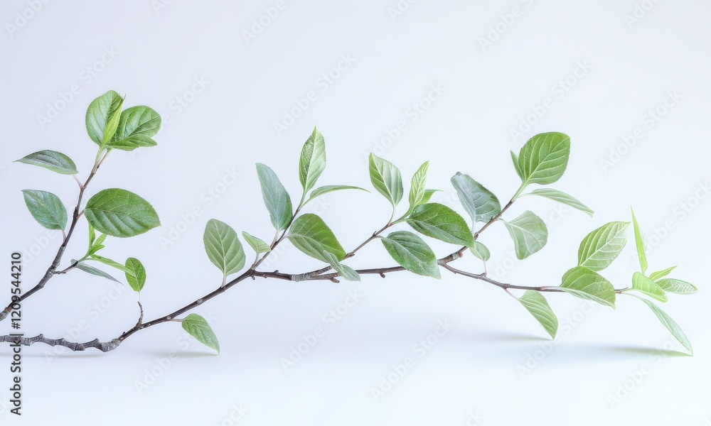 Fototapeta premium Delicate Green Leaves On Branch Against Clean White Background