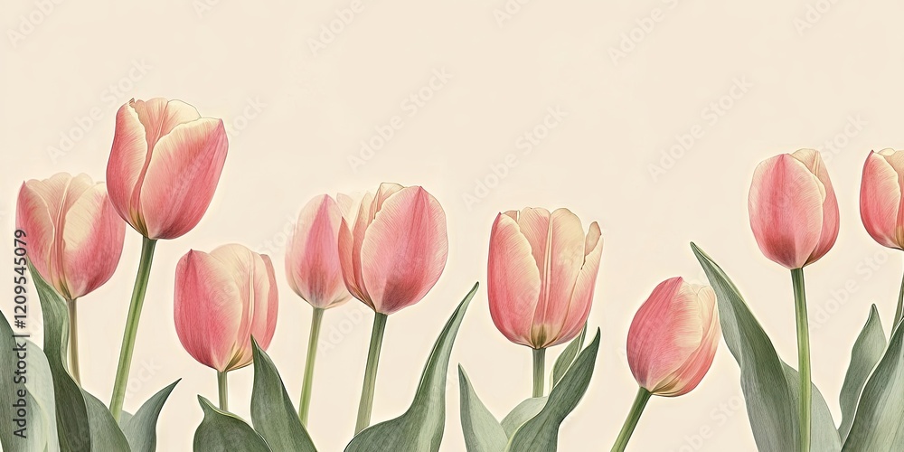 Closeup of pink tulip flowers with soft green leaves arranged along the bottom of a light beige background, ideal for floral-themed designs. Closeup of pink tulip flowers with soft green leaves arranged along the bottom of a light beige background, ideal for floral-themed designs.
