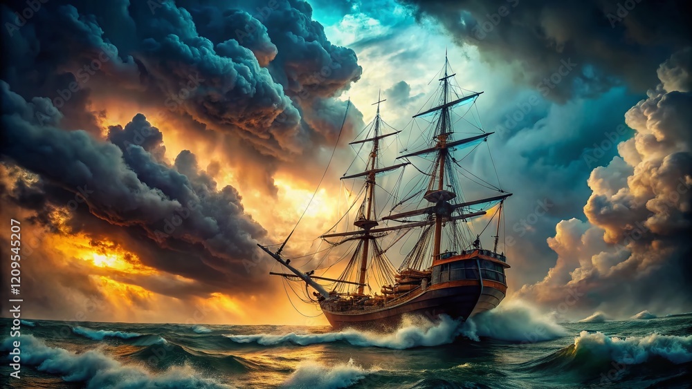 Obraz premium Ancient Shipwreck Ocean Smoke Double Exposure Dramatic Seascape Stock Photo