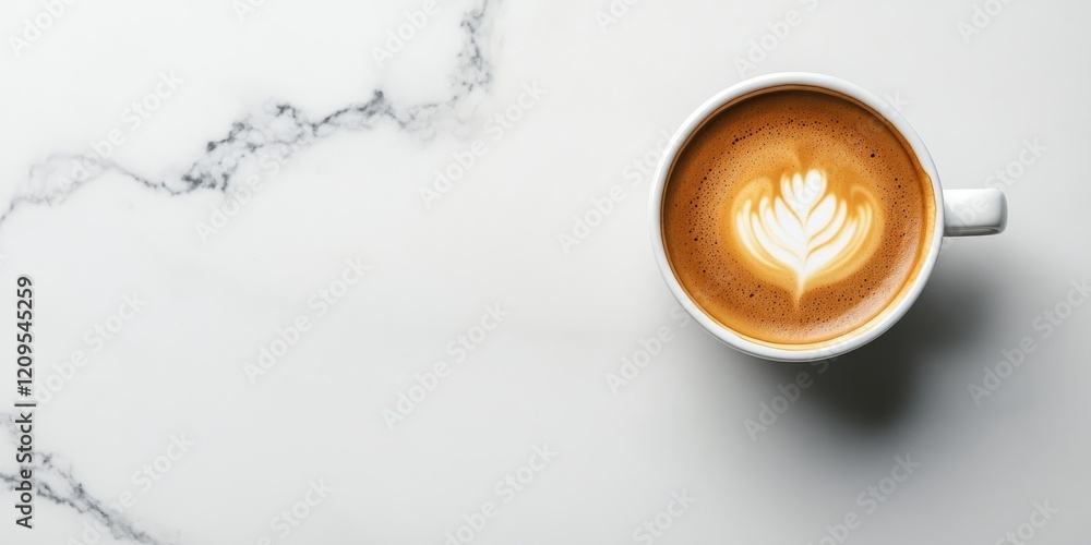 Birdseye view of a latte art on brown coffee in a white cup positioned center on a light grey and white marble surface Birdseye view of a latte art on brown coffee in a white cup positioned center on a light grey and white marble surface