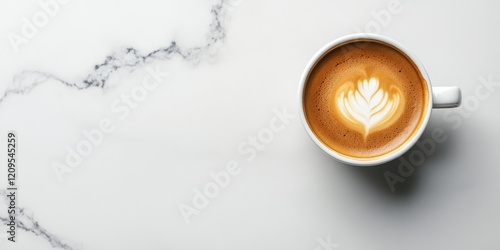 Birdseye view of a latte art on brown coffee in a white cup positioned center on a light grey and white marble surface