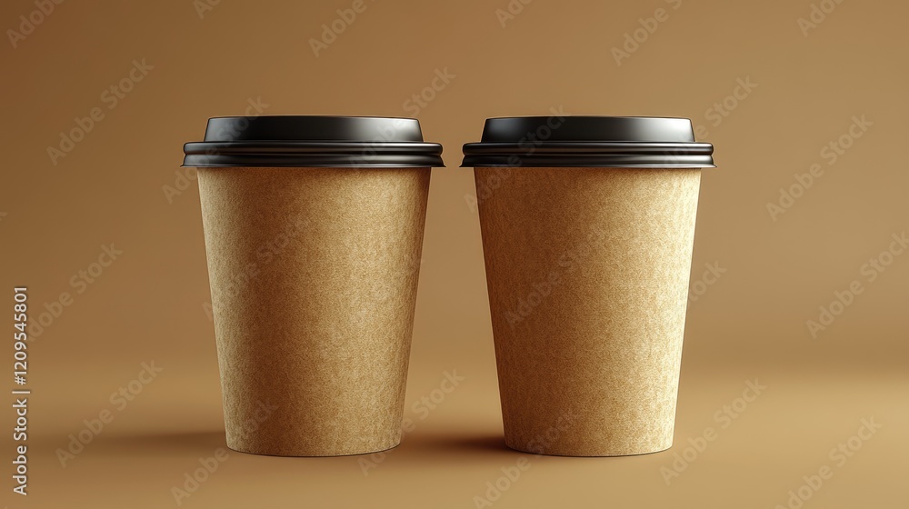 Two paper cups, brown background, studio shot, mockup Two paper cups, brown background, studio shot, mockup