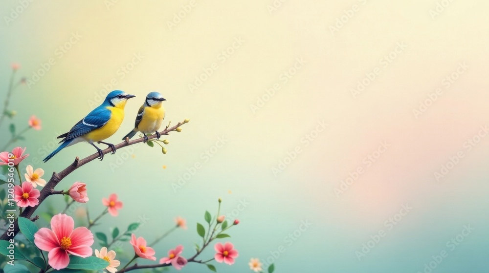 Fototapeta premium Two Vivid Birds Perched on a Branch Adorned with Delicate Blossoms Against a Soft Pastel Background