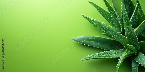 Lush green aloe vera plant on bright green background highlighting its therapeutic benefits and organic skincare applications with vibrant leaves.
