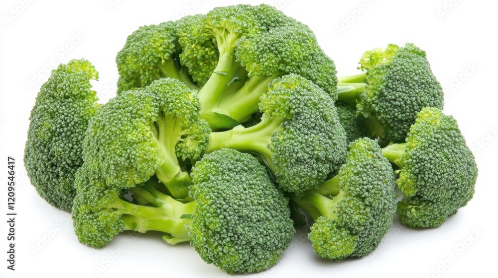 A cluster of fresh, green broccoli florets with their tree-like shapes and bumpy textures, Each broccoli’s vibrant color and subtle imperfections captured with precision A cluster of fresh, green broccoli florets with their tree-like shapes and bumpy textures, Each broccoli’s vibrant color and subtle imperfections captured with precision
