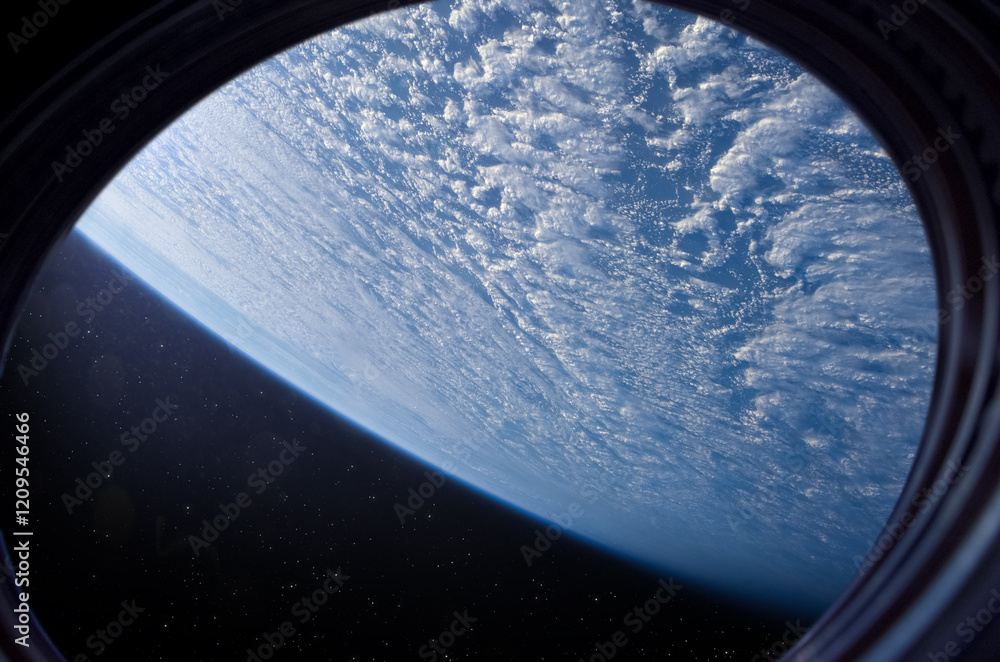 Earth in space station porthole. Spaceship flies near the glowing blue planet Earth, view from the window. Elements of this image furnished by NASA