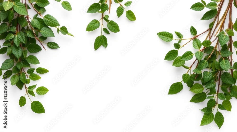 Fototapeta premium Green branches with fresh leaves arranged on white background. Flat lay composition with copy space for natural designs