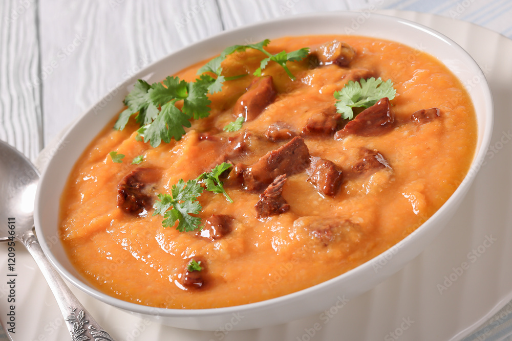 creamy carrot beef soup in a white bowl creamy carrot beef soup in a white bowl