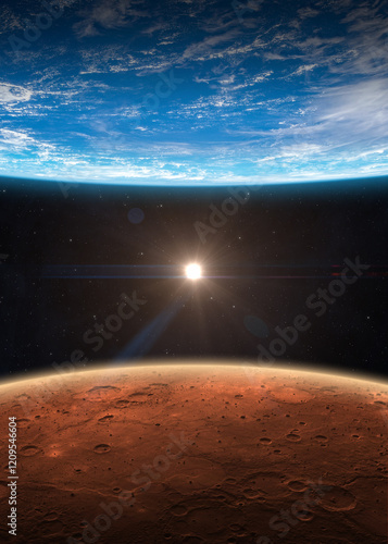 Earth, Mars and Sun. Blue planet Earth and Red Mars. Planets line up or planetary opposition. Elements of this image furnished by NASA.