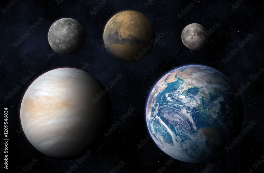 Earth, Mars, Venus, Mercury and Moon size comparison. The scale difference of the planets Earth, Mars, Venus, Mercury and Moon. Elements of this image furnished by NASA.