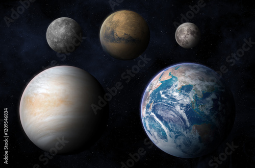 Obraz na płótnie Earth, Mars, Venus, Mercury and Moon size comparison. The scale difference of the planets Earth, Mars, Venus, Mercury and Moon. Elements of this image furnished by NASA. w salonie