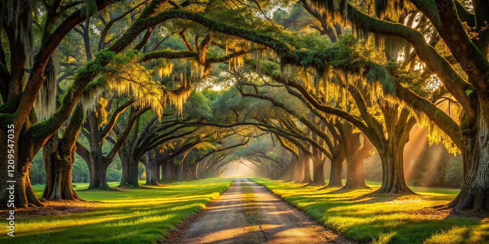 Obraz premium Antebellum South: Scenic Grassy Path Under Majestic Live Oak Trees Draped in Spanish Moss