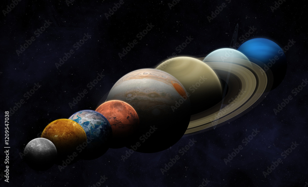 Planetary parade. A planetary alignment, see eight planets - Mercury, Venus, Earth, Mars, Jupiter, Saturn, Uranus and Neptune. Solar System planets. Elements of this image furnished by NASA.