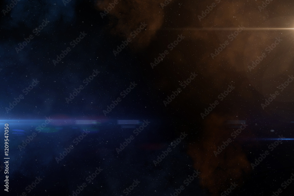 Nebula and galaxies in space. Colorful space with lens flares stars background. Space starry template.
