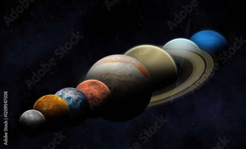 Obraz na płótnie Planetary parade. A planetary alignment, see eight planets - Mercury, Venus, Earth, Mars, Jupiter, Saturn, Uranus and Neptune. Solar System planets. Elements of this image furnished by NASA. w salonie