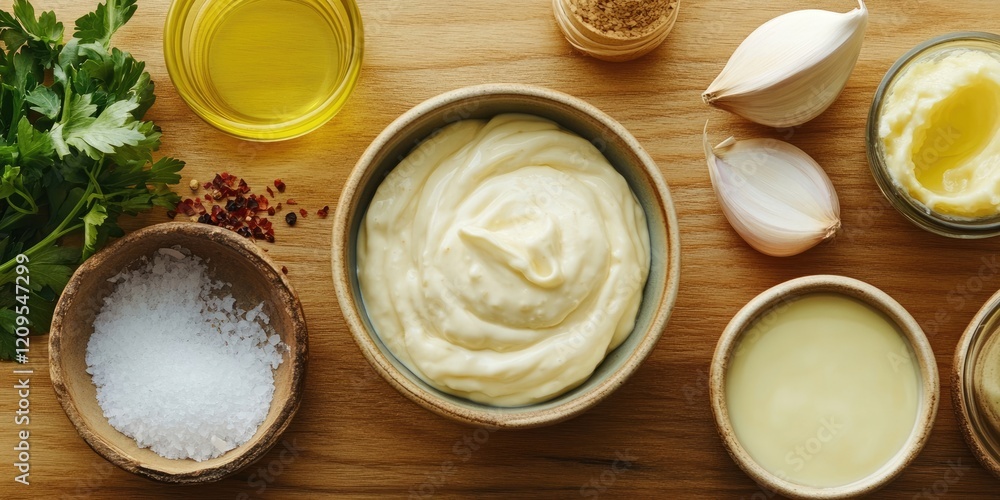 Closeup of creamy homemade mayonnaise in a bowl surrounded by garlic, spices, oil, and fresh herbs on a wooden table with natural lighting Closeup of creamy homemade mayonnaise in a bowl surrounded by garlic, spices, oil, and fresh herbs on a wooden table with natural lighting