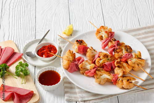 spicy cauliflower kebabs with corned beef on plate photo