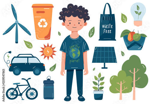 Illustration of an eco-conscious boy with sustainability symbols: recycling bin, solar panel, wind turbine, reusable bag, bike, electric car, plants, and trees. Save the planet concept