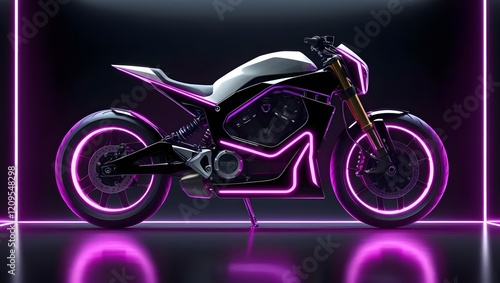 Futuristic custom angled light motorcycle concept with glowing purple tones, showcasing sleek design and modern aesthetics. This innovative vehicle captures attention with its vibrant colors and photo