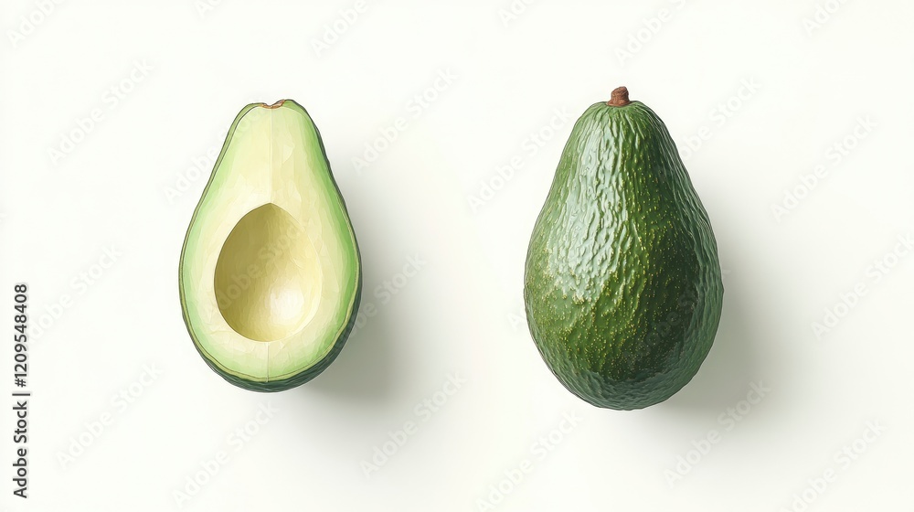 A whole avocado and a sliced avocado isolated on a white background with a clipping path. A whole avocado and a sliced avocado isolated on a white background with a clipping path.