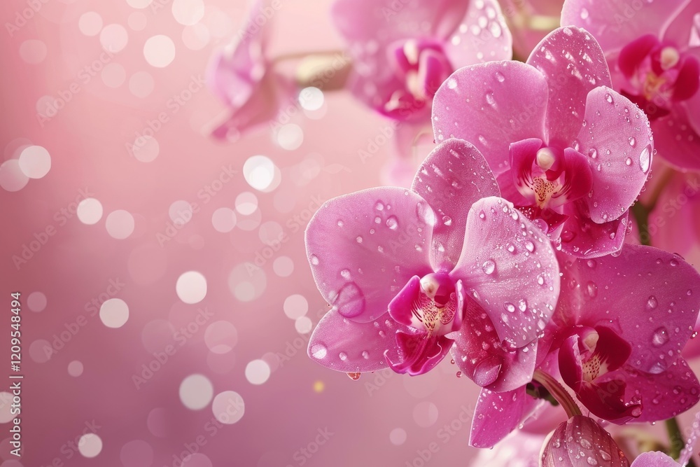 Fototapeta premium Beautiful pink orchids blooming with water drops on pink bokeh background