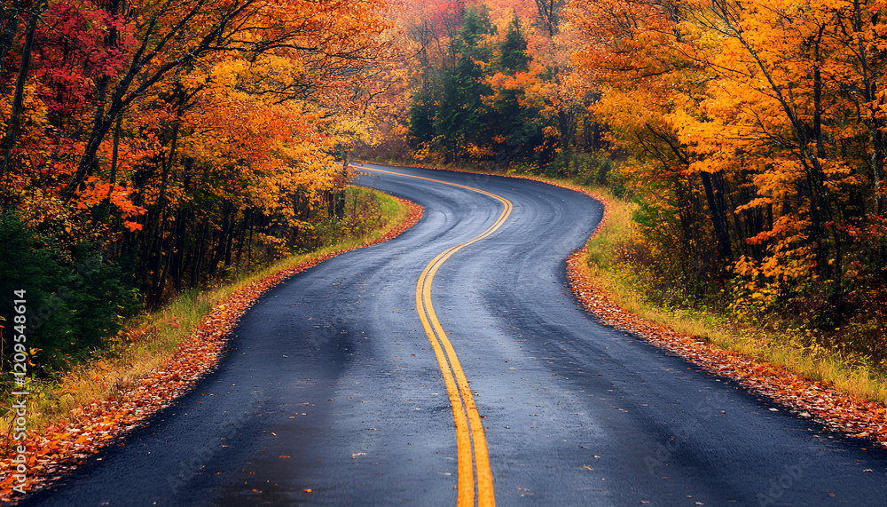 Naklejka premium Beautiful view of asphalt road going through autumn forest top view