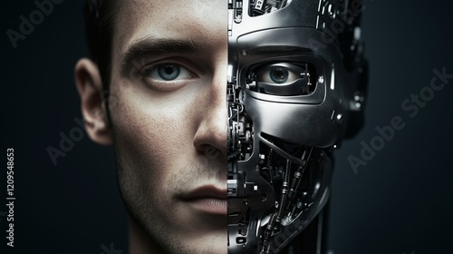 Man merging with artificial intelligence, half human, half robot face photo