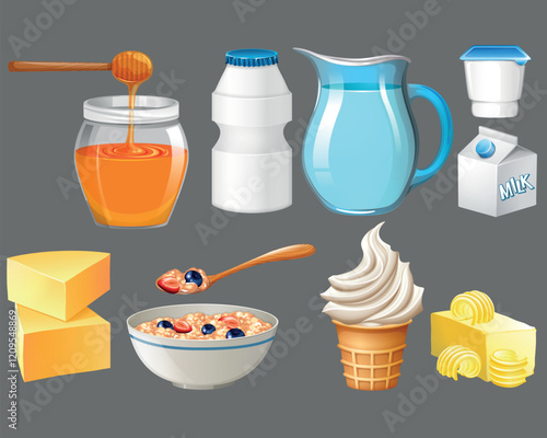 Dairy products set with milk and honey vector illustration