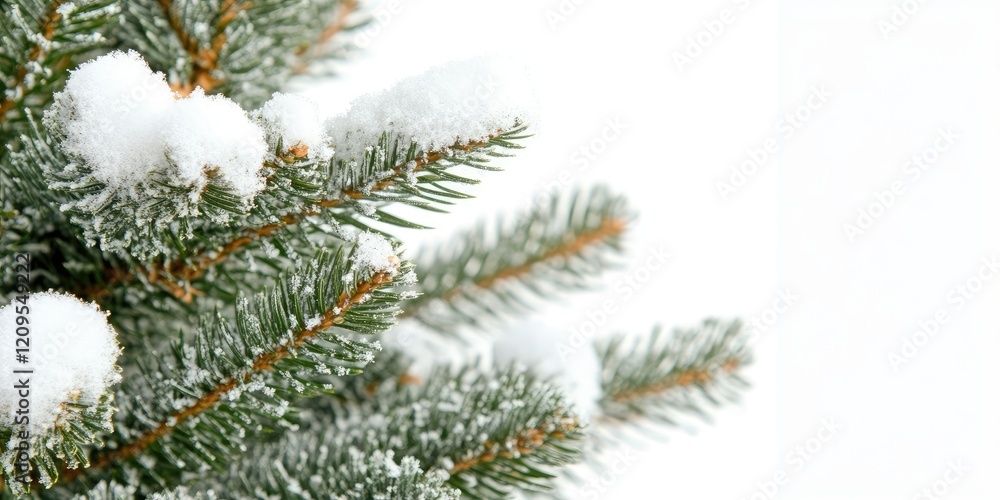Snow-covered Christmas tree closeup featuring green pine needles and white snowballs against a soft white background, perfect for holiday themes. Snow-covered Christmas tree closeup featuring green pine needles and white snowballs against a soft white background, perfect for holiday themes.