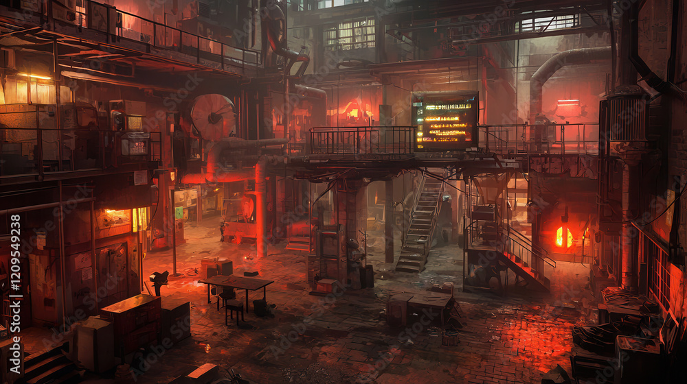 bustling industrial factory floor with glowing red lighting, machinery, and workers creating dynamic and intense atmosphere bustling industrial factory floor with glowing red lighting, machinery, and workers creating dynamic and intense atmosphere