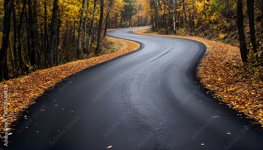 Fototapeta premium Beautiful view of asphalt road going through autumn forest top view