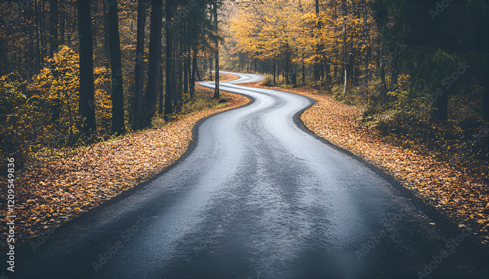 Fototapeta premium Beautiful view of asphalt road going through autumn forest top view