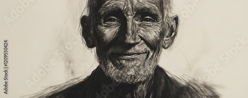 A charcoal sketch of a weathered old man with a kind smile. photo