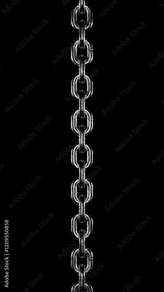 Vertical rough silver chain links moving with loop, overlay with alpha channel 3d render. Chains design element, data loading, establishing links, connecting, merging, grunge style Vertical rough silver chain links moving with loop, overlay with alpha channel 3d render. Chains design element, data loading, establishing links, connecting, merging, grunge style