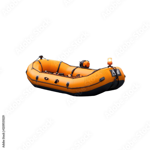 Inflatable raft with attached life raft floating on water during a sunny day.