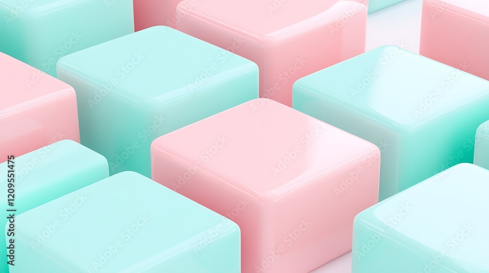 Colorful geometric cubes in pastel shades of mint green and soft pink arranged in an abstract pattern