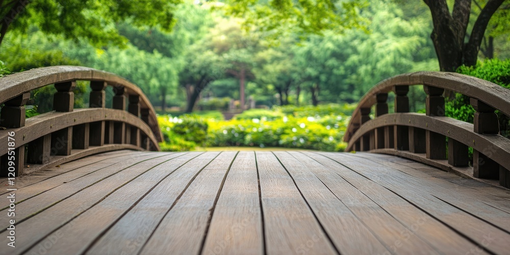Wooden bridge closeup in a lush green park with overhanging trees and vibrant foliage creating a serene atmosphere for text placement. Wooden bridge closeup in a lush green park with overhanging trees and vibrant foliage creating a serene atmosphere for text placement.