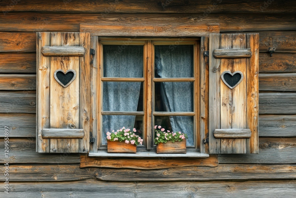 A wooden window with shutters and heart A wooden window with shutters and heart