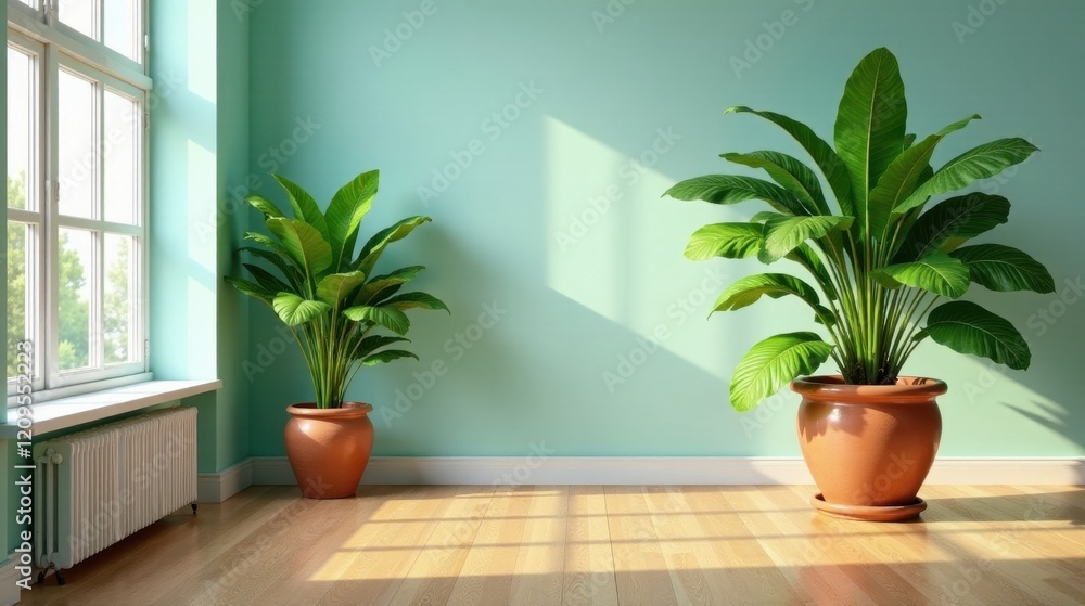 Sunlit Room Interior Featuring Two Potted Plants on Hardwood Floor Sunlit Room Interior Featuring Two Potted Plants on Hardwood Floor