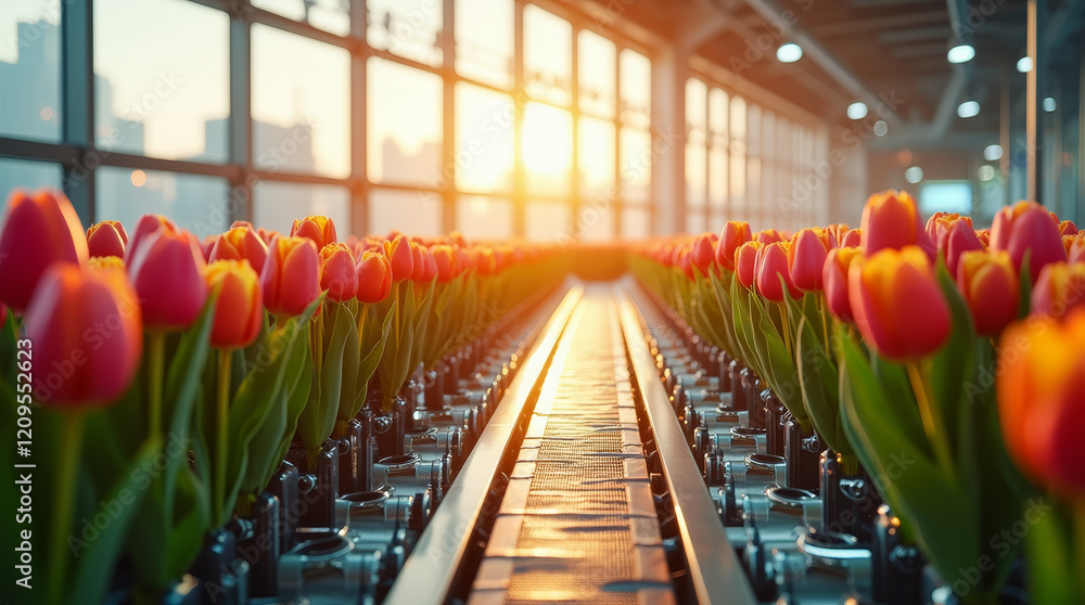 Fototapeta premium a conveyor belt makes bouquets of tulips in the sunset light