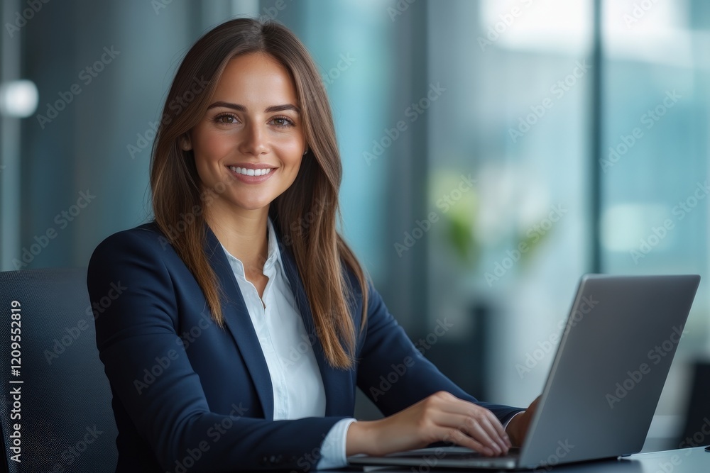 Professional Woman Working on Laptop Office Portrait Modern Environment Engaging Perspective Professional Woman Working on Laptop Office Portrait Modern Environment Engaging Perspective