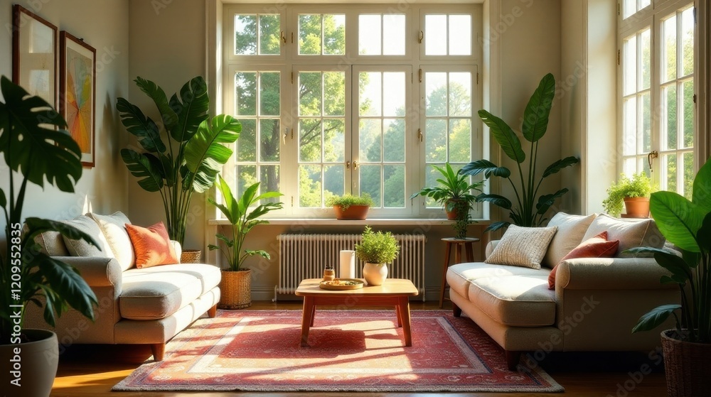 Sunlight streams through large windows illuminating a living room with two light beige sofas, potted plants, and a low coffee table featuring a red oriental rug. Sunlight streams through large windows illuminating a living room with two light beige sofas, potted plants, and a low coffee table featuring a red oriental rug.