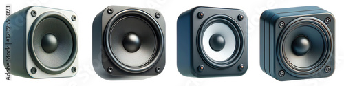 Illustrations of modern small speakers in a row with no background.
