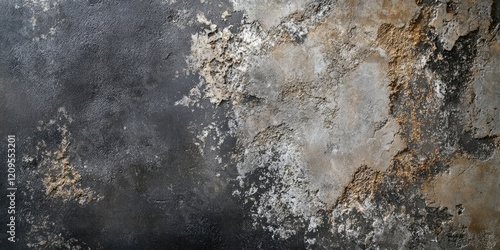 Textured plaster wall with shades of gray and beige, featuring rough, aged surfaces on a dark background, creating a weathered atmosphere. photo