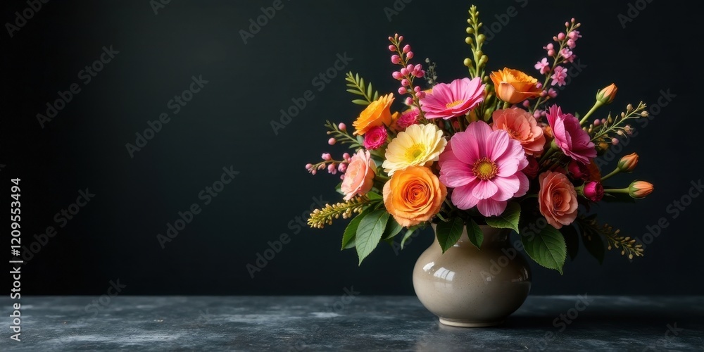 Fototapeta premium Vibrant Summer Blooms in a Simple Ceramic Vase, a Delightful Arrangement of Pink and Orange Flowers for Home Decor